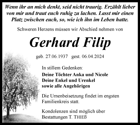 Traueranzeige von Gerhard Filip von Trauerkombi Quedlinburg