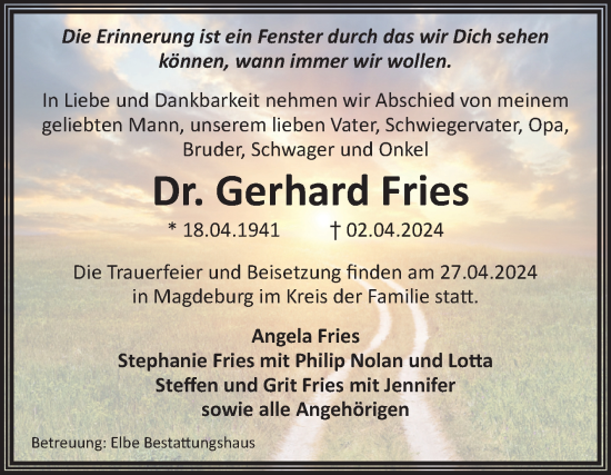 Traueranzeige von Gerhard Fries von Volksstimme Magdeburg