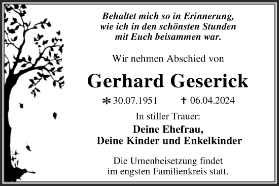 Traueranzeige von Gerhard Geserick von Trauerkombi Wittenberg