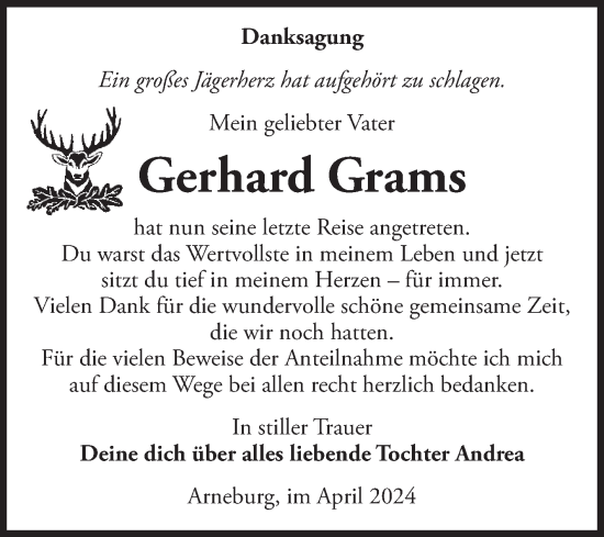 Traueranzeige von Gerhard Grams von Volksstimme Altmark Ost