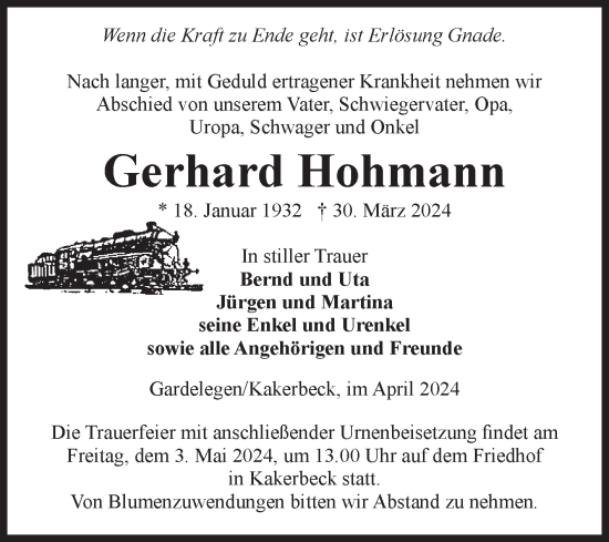Traueranzeige von Gerhard Hohmann von Volksstimme Altmark West