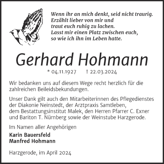 Traueranzeige von Gerhard Hohmann von Trauerkombi Quedlinburg