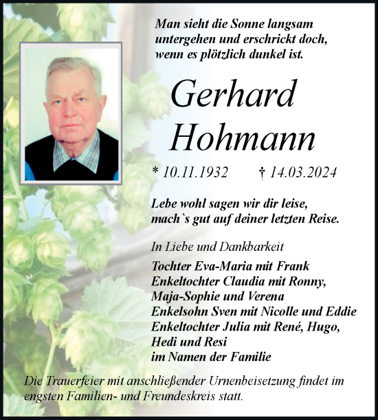 Traueranzeige von Gerhard Hohmann von Mitteldeutsche Zeitung Halle/Saalkreis