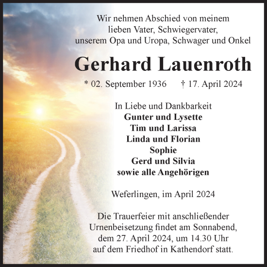 Traueranzeige von Gerhard Lauenroth von Volksstimme Haldensleben/Wolmirstedt