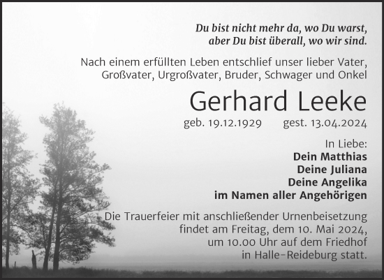 Traueranzeige von Gerhard Leeke von Mitteldeutsche Zeitung Halle/Saalkreis
