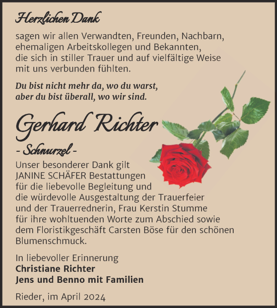 Traueranzeige von Gerhard Richter von Trauerkombi Quedlinburg