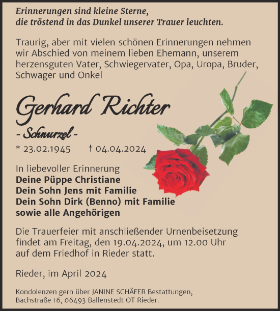 Traueranzeige von Gerhard Richter von Trauerkombi Quedlinburg