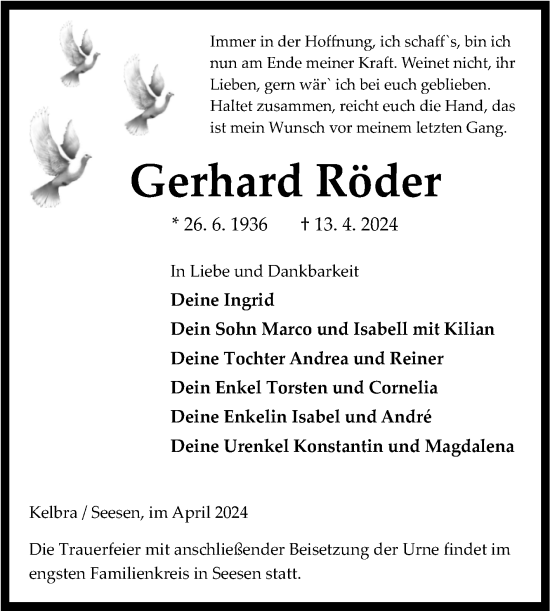 Traueranzeige von Gerhard Röder von Mitteldeutsche Zeitung Sangerhausen