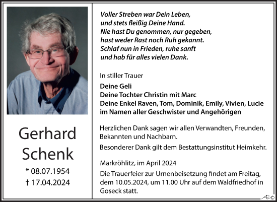 Traueranzeige von Gerhard Schenk von Trauerkombi Weißenfels