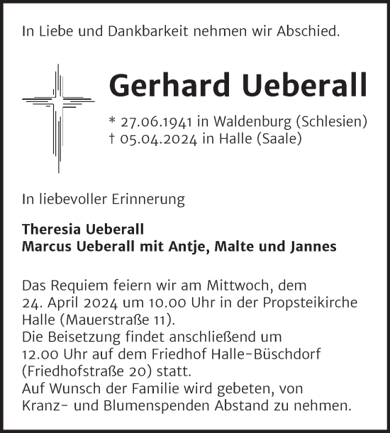 Traueranzeige von Gerhard Ueberall von Mitteldeutsche Zeitung Halle/Saalkreis