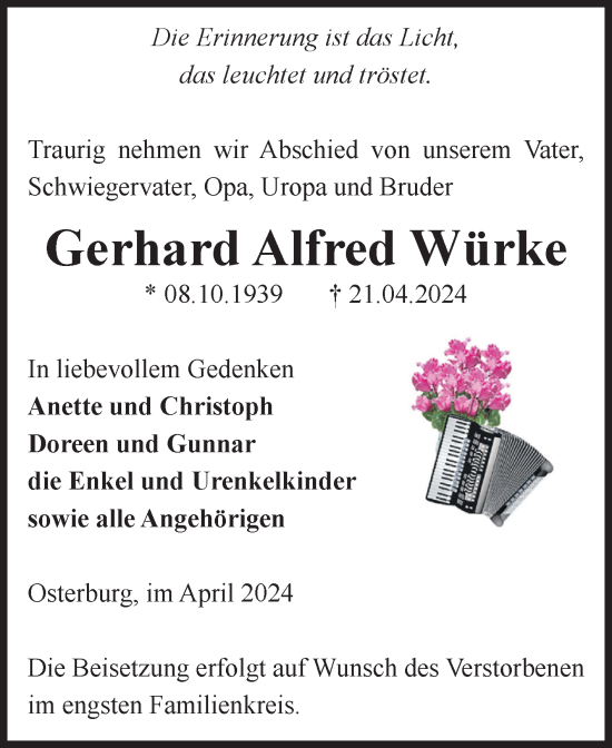 Traueranzeige von Gerhard Alfred Würke von Volksstimme Altmark Ost