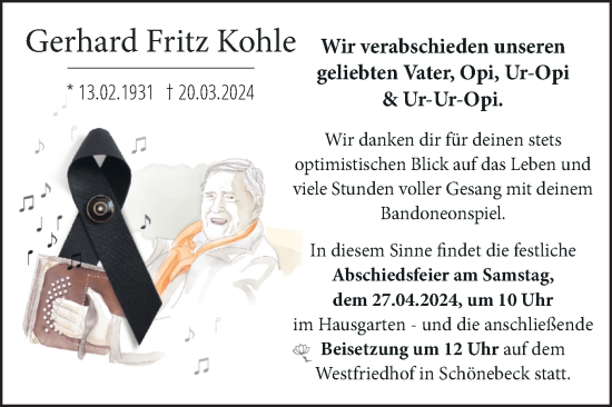 Traueranzeige von Gerhard Fritz Kohle von Volksstimme Schönebeck