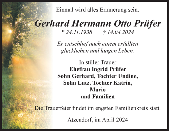 Traueranzeige von Gerhard Hermann Otto Prüfer von Volksstimme Staßfurt