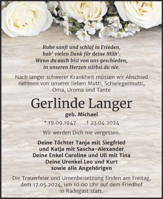 Traueranzeige von Gerlinde Langer von Trauerkombi Köthen