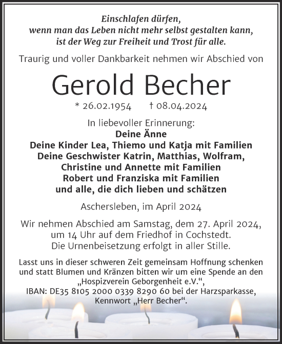 Traueranzeige von Gerold Becher von Trauerkombi Aschersleben