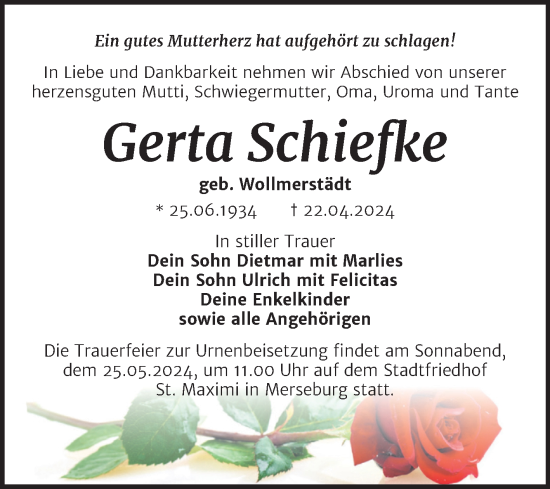 Traueranzeige von Gerta Schiefke von Trauerkombi Merseburg