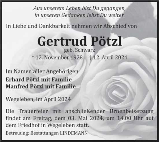 Traueranzeige von Gertrud Pötzl von Volksstimme Halberstadt