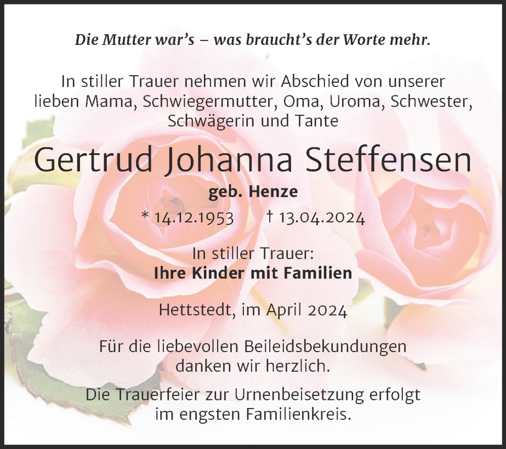  Traueranzeige für Gertrud Johanna Steffensen vom 19.04.2024 aus Trauerkombi Mansfelder Land
