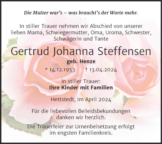 Traueranzeige von Gertrud Johanna Steffensen von Trauerkombi Mansfelder Land