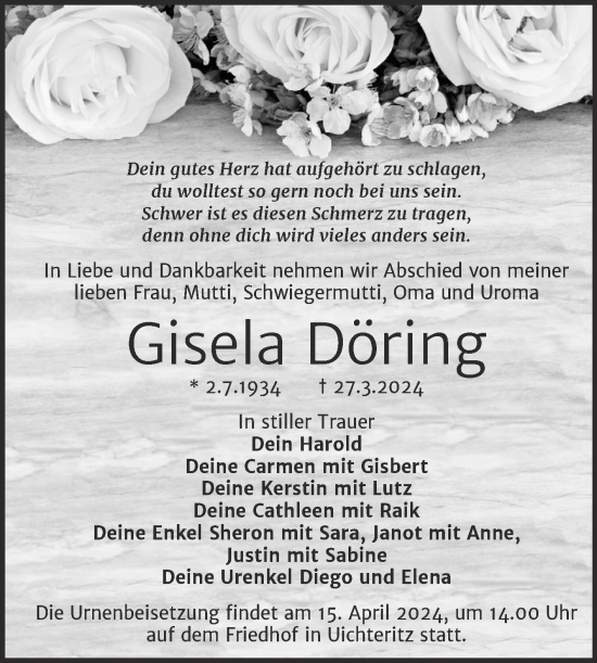 Traueranzeige von Gisela Döring von Trauerkombi Weißenfels