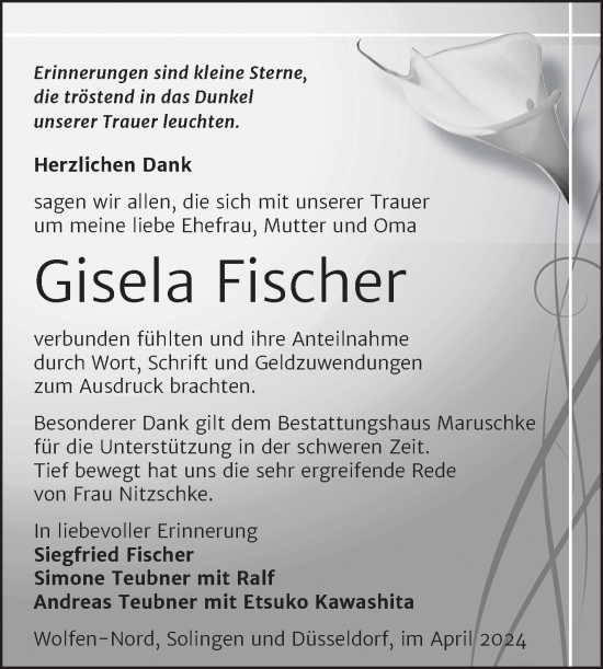 Traueranzeige von Gisela Fischer von Trauerkombi Bitterfeld