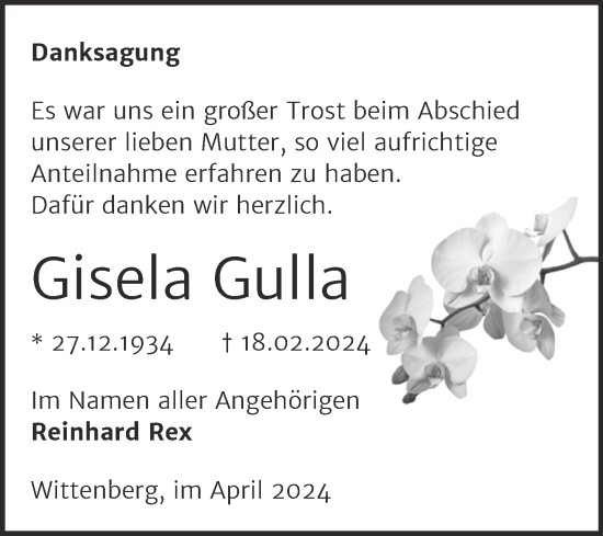 Traueranzeige von Gisela Gulla von Trauerkombi Wittenberg