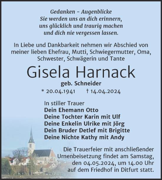 Traueranzeige von Gisela Harnack von Trauerkombi Quedlinburg