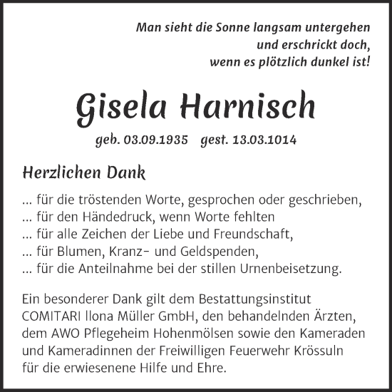 Traueranzeige von Gisela Harnisch von Trauerkombi Weißenfels