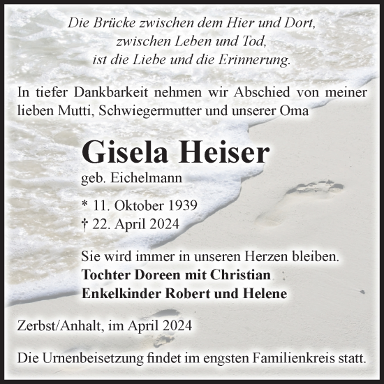 Traueranzeige von Gisela Heiser von Volksstimme Zerbst