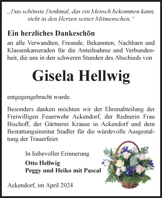 Traueranzeige von Gisela Hellwig von Volksstimme Haldensleben/Wolmirstedt