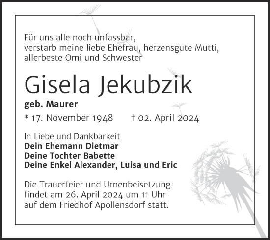 Traueranzeige von Gisela Jekubzik von Trauerkombi Wittenberg