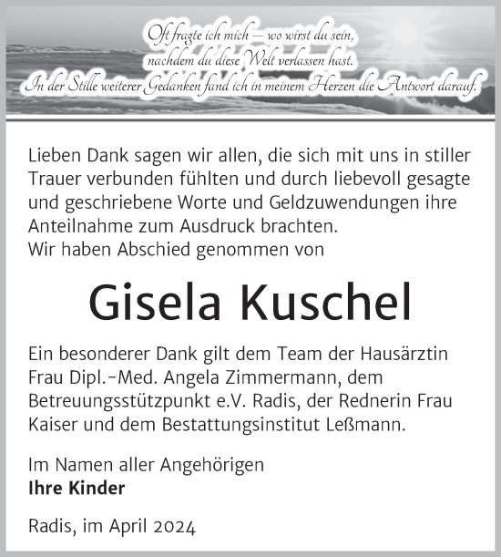 Traueranzeige von Gisela Kuschel von Trauerkombi Wittenberg