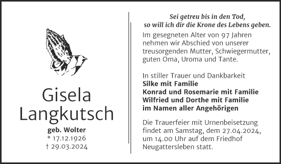 Traueranzeige von Gisela Langkutsch von Trauerkombi Bernburg