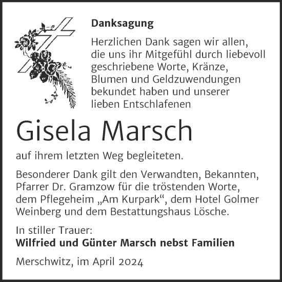 Traueranzeige von Gisela Marsch von Trauerkombi Wittenberg