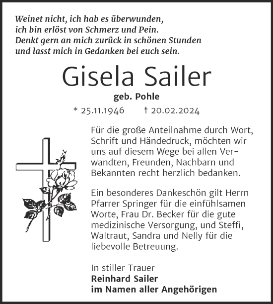 Traueranzeige von Gisela Sailer von Super Sonntag Naumburg/Nebra