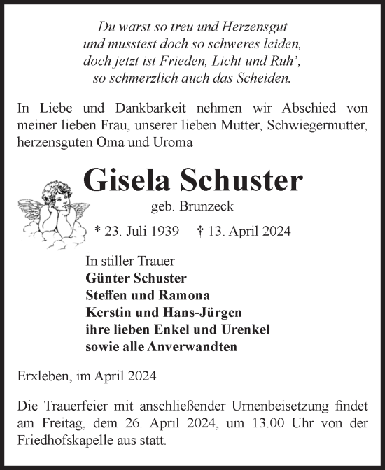 Traueranzeige von Gisela Schuster von Volksstimme Haldensleben/Wolmirstedt
