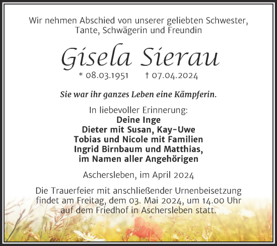 Traueranzeige von Gisela Sierau von Trauerkombi Aschersleben