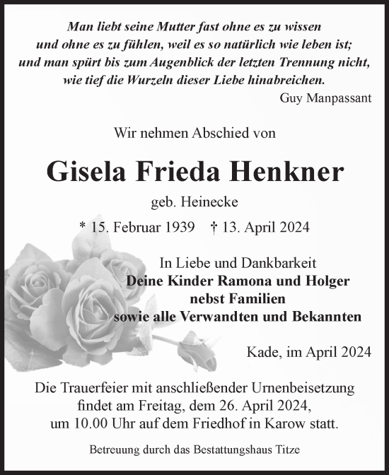 Traueranzeige von Gisela Frieda Henkner von Volksstimme Burg/Genthin