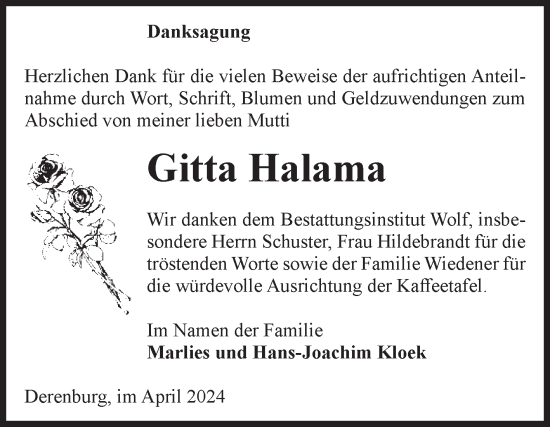 Traueranzeige von Gitta Halama von Volksstimme Wernigerode