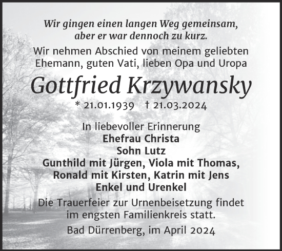 Traueranzeige von Gottfried Krzywansky von Trauerkombi Merseburg