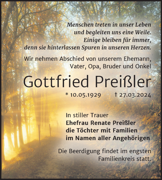 Traueranzeige von Gottfried Preißler von Trauerkombi Quedlinburg