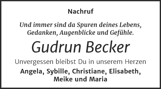 Traueranzeige von Gudrun Becker von Mitteldeutsche Zeitung Weißenfels