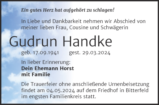 Traueranzeige von Gudrun Handke von SuperSonntag Bitterfeld