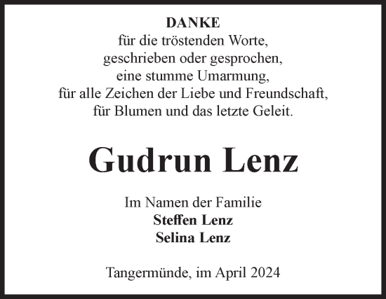 Traueranzeige von Gudrun Lenz von Volksstimme Altmark Ost