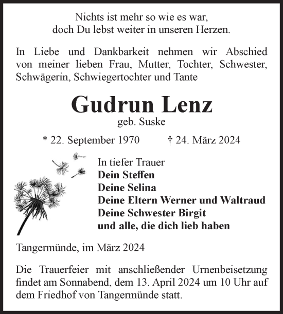 Traueranzeige von Gudrun Lenz von Volksstimme Altmark Ost