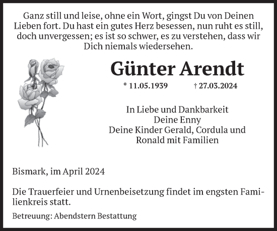 Traueranzeige von Günter Arendt von Volksstimme Altmark Ost