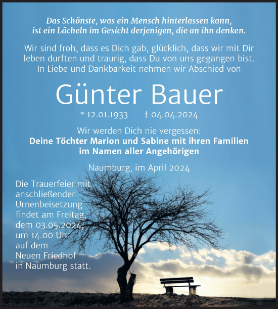 Traueranzeige von Günter Bauer von Super Sonntag Naumburg/Nebra