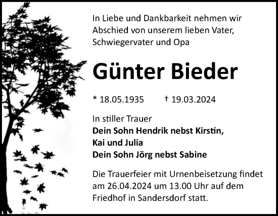 Traueranzeige von Günter Bieder von Trauerkombi Bitterfeld