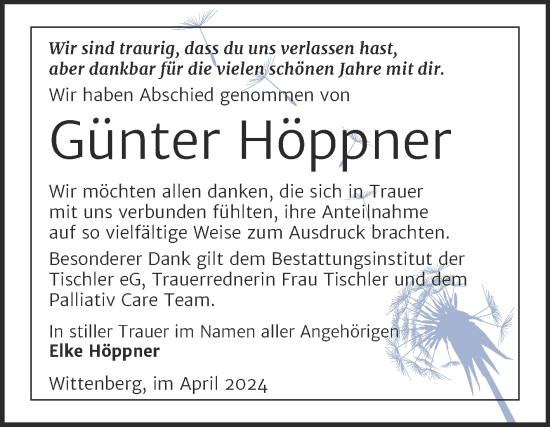 Traueranzeige von Günter Höppner von Trauerkombi Wittenberg
