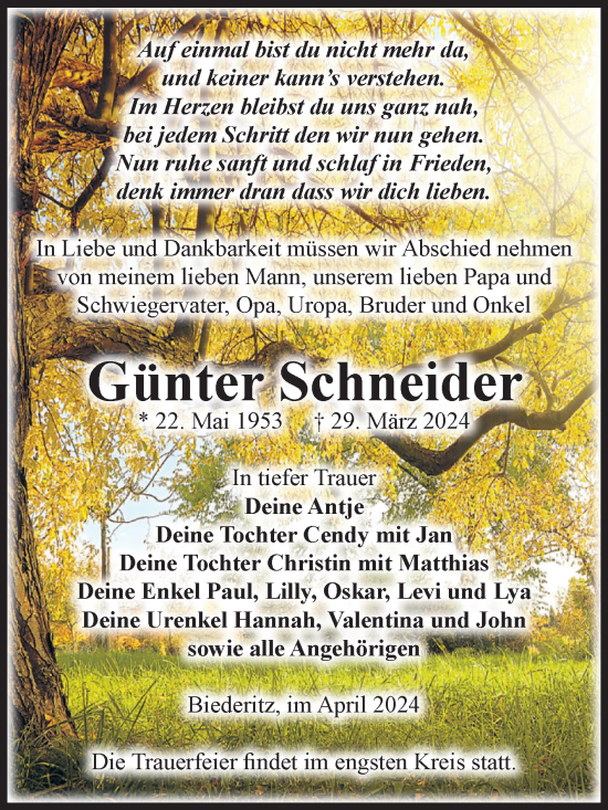 Traueranzeige von Günter Schneider von Volksstimme Burg/Genthin